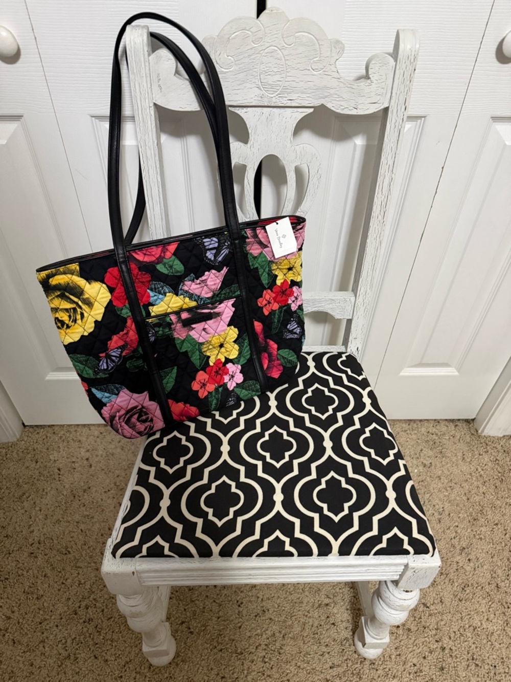 Vera Bradley Black Quilted Tote with Multicolor Floral Accents